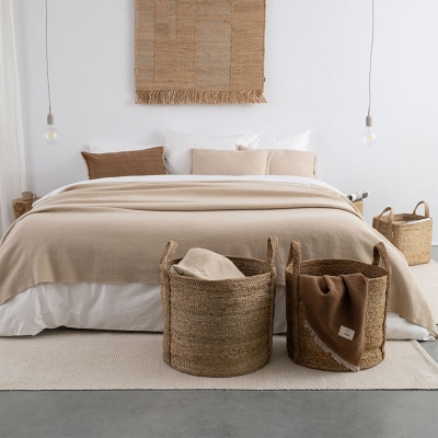 MOYHA Tagesdecke Herringbone Beige aus 100% natürlicher Wolle, ideal für Betten von 160x200 cm bis 180x200 cm