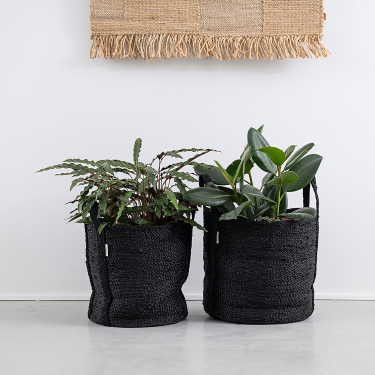 Handgefertigter MOYHA Jute Korb klein Schwarz, rund, 36x36 cm