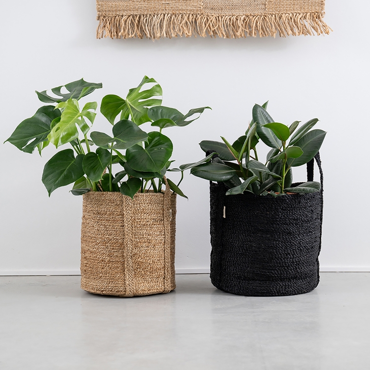 Handgefertigter MOYHA Jute Korb Schwarz, rund, 40x38 cm