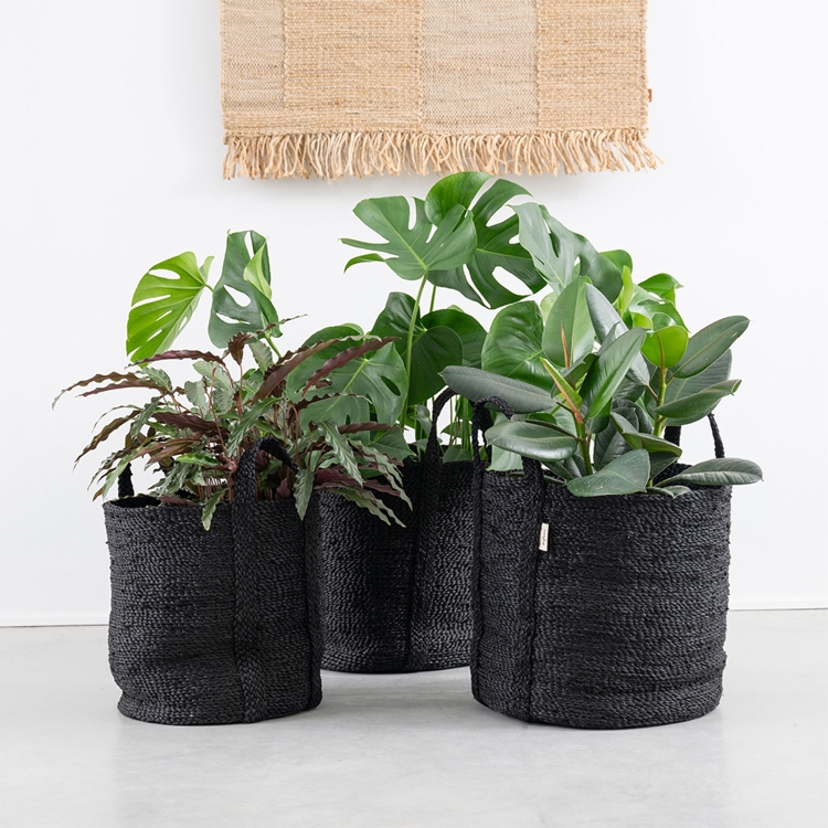 Handgefertigter MOYHA Jute Korb XXL Schwarz, rund, 46x40 cm