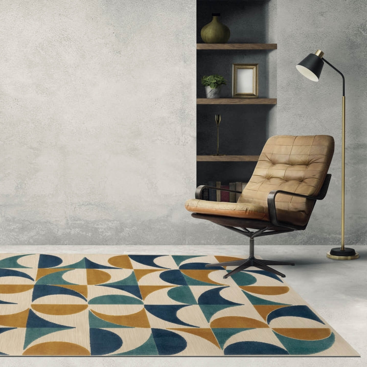 Outdoor-Teppich Verano, Marke Carpet Decor, geometrisches Design in Petrol-Senf, Material Polypropylen, Größe 160x230 cm