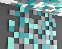 kreative 3D Wand aus kleinen bunten Quadraten Pixel fluffo